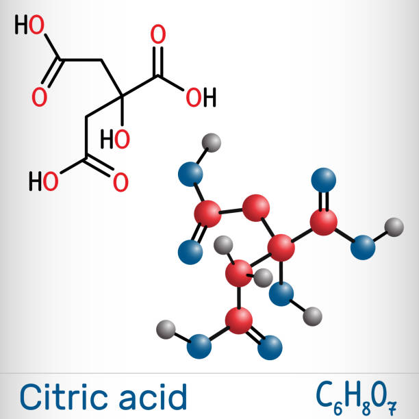 Citric acid molecule, alpha hydroxy acid, AHA. Is used as additive in food, cleaning agents, nutritional supplements. Molecule model Citric acid molecule, alpha hydroxy acid, AHA. Is used as additive in food, cleaning agents, nutritional supplements. Molecule model. Vector illustration citric acid stock illustrations
