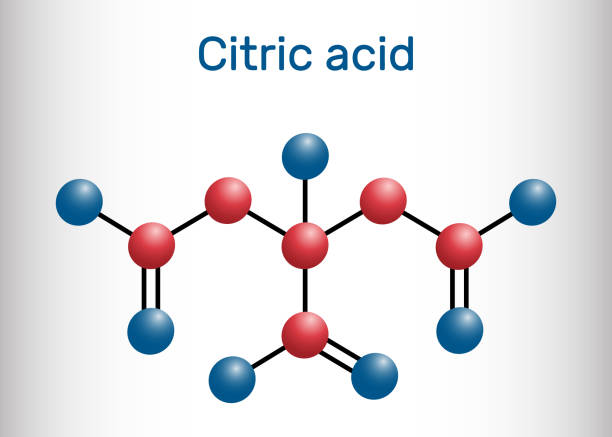 Citric acid molecule, alpha hydroxy acid, AHA. Is used as additive in food, cleaning agents, nutritional supplements. Molecule model Citric acid molecule, alpha hydroxy acid, AHA. Is used as additive in food, cleaning agents, nutritional supplements. Molecule model. Vector illustration citric acid stock illustrations