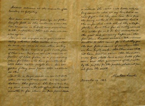 Reproduction of the speech by Abraham Lincoln, the Gettysburg Address