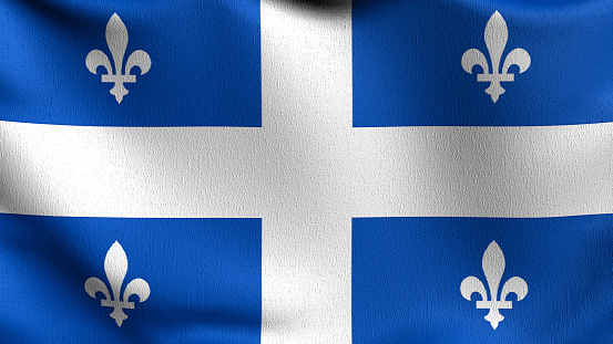 Quebec flag blowing in the wind. 3D rendering illustration of waving sign