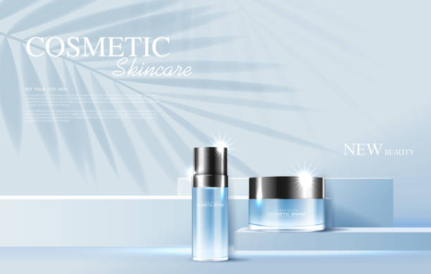 Cosmetics or skin care product ads with bottle, banner ad for beauty products and leaf background glittering light effect. vector design Cosmetics or skin care product ads with bottle, banner ad for beauty products and leaf background glittering light effect. vector design. skin care background stock illustrations