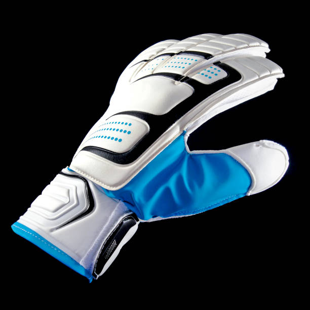 guanto da portiere da calcio bianco e blu - rubber sports glove equipment isolated foto e immagini stock