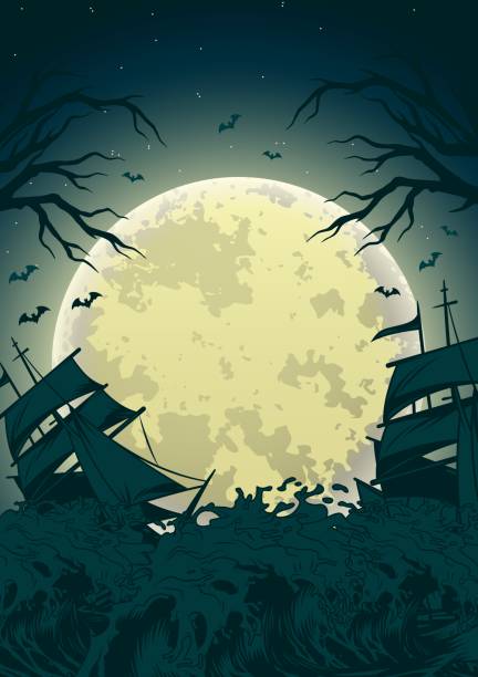 ilustraciones, imágenes clip art, dibujos animados e iconos de stock de plantilla vintage de noche de halloween - storm pirate sea nautical vessel