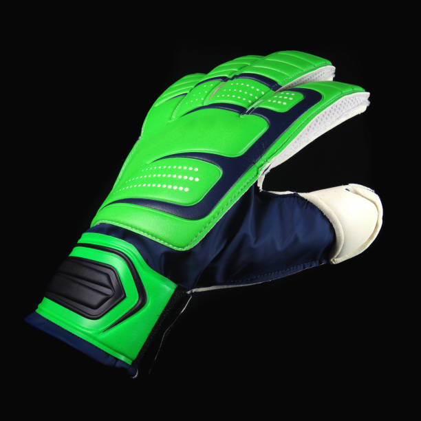 guanto da portiere da calcio verde e blu navy - rubber sports glove equipment isolated foto e immagini stock