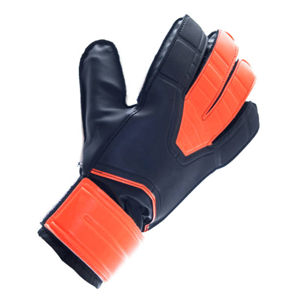 guanto portiere di calcio nero e arancione - rubber sports glove equipment isolated foto e immagini stock