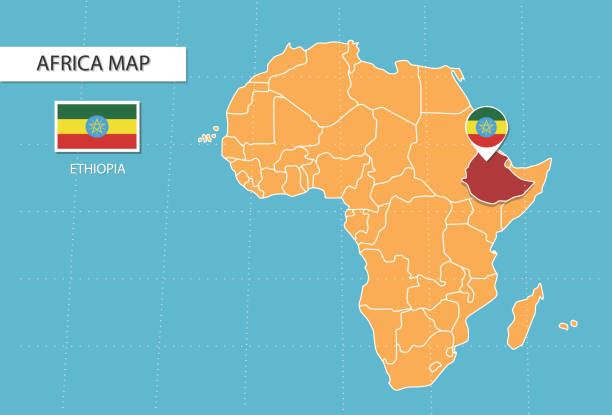 mapa etiopii w afryce, ikony pokazujące położenie etiopii i flagi. - ethiopia stock illustrations