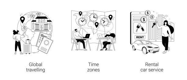 International tourism abstract concept vector illustrations. International tourism abstract concept vector illustration set. Global travelling, time zones, rental car service, travel agency, vacation resort chain, jet lag, online car booking abstract metaphor. car dealer icon stock illustrations