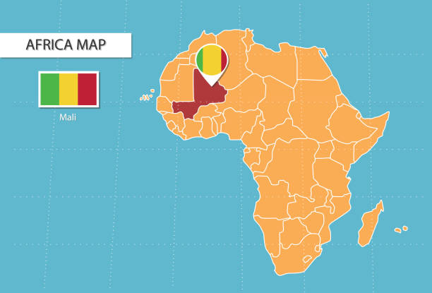 illustrations, cliparts, dessins animés et icônes de carte du mali en afrique, icônes montrant l’emplacement du mali et les drapeaux. - mali