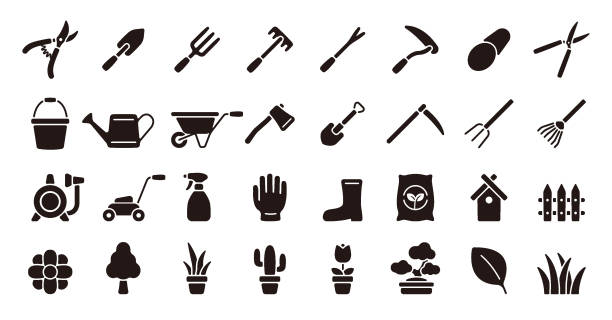 ilustrações, clipart, desenhos animados e ícones de conjunto de ícones de jardinagem (versão de silhueta plana) - watering can shovel rake silhouette