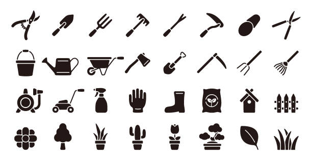 Gardening Icon Set (Flat Silhouette Version) This is a set of gardening icons. This is a set of simple icons that can be used for website decoration, user interface, advertising works, and other digital illustrations. pruning shears stock illustrations