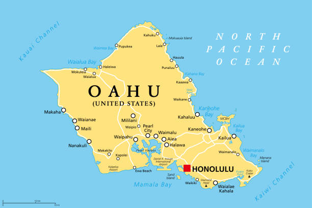 Oahu, Hawaii, United States, political map, with capital Honolulu Oahu, Hawaii, political map with capital Honolulu. Part of the Hawaiian Islands and Hawaii, a state of the United States in the North Pacific Ocean. Known as The Gathering Place. Illustration. Vector. pearl harbor stock illustrations
