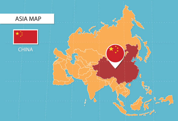istock China map in Asia, icons showing China location and flags. 1345323044