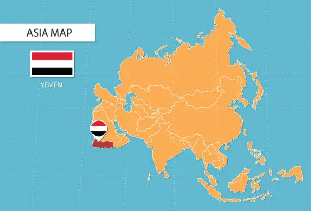 Vector illustration of Yemen map in Asia, icons showing Yemen location and flags.