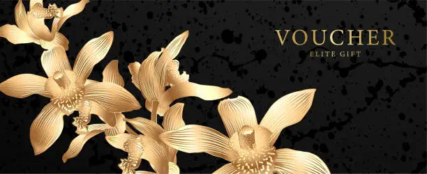 Vector illustration of Voucher design template with gold tropical orchid flower pattern on black background