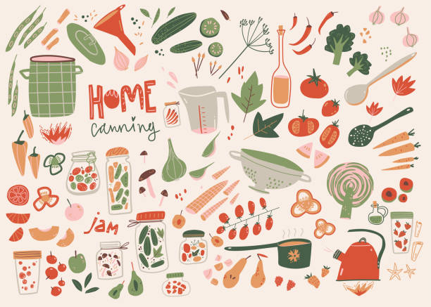 ilustraciones, imágenes clip art, dibujos animados e iconos de stock de colección de garabatos de conservas caseras. alimentos, equipos de cocina, frascos, frutas y verduras. - jar canning food preserves