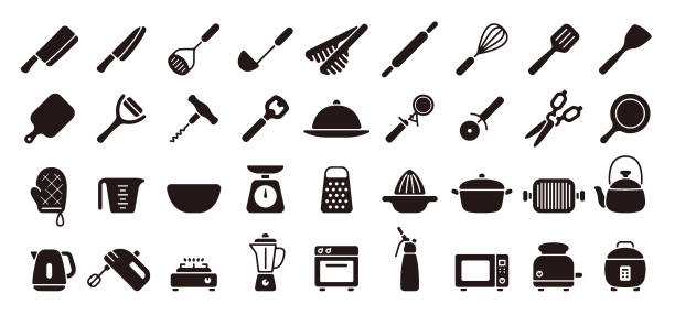 illustrations, cliparts, dessins animés et icônes de ensemble d’ustensiles de cuisine et d’icônes d’outils (version à silhouette plate) - magasin dustensiles de cuisine