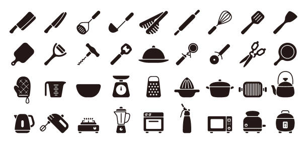 Kitchen Utensils and Tool Icon Set (Flat Silhouette Version) This is a set of kitchenware icons. This is a set of simple icons that can be used for website decoration, user interface, advertising works, and other digital illustrations. kitchen silhouettes stock illustrations