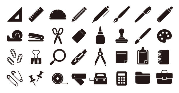 schreibwaren icon set (flat silhouette version) - paper clip clip vector illustration and painting stock-grafiken, -clipart, -cartoons und -symbole