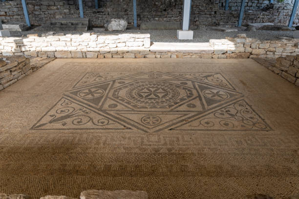 Floor mosaic of colored stones in villa Roman mosaics in Risan, Risana, Boca-kotor bay, Montenegro stock photo