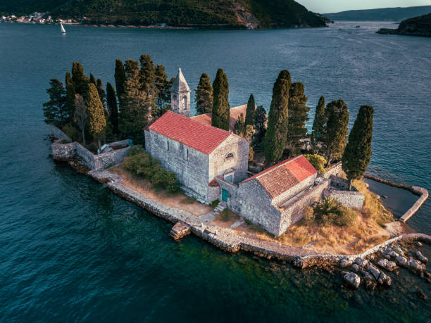 Saint George, a beautiful little island and a catholic Monastery in Perast, Montenegro stock photo