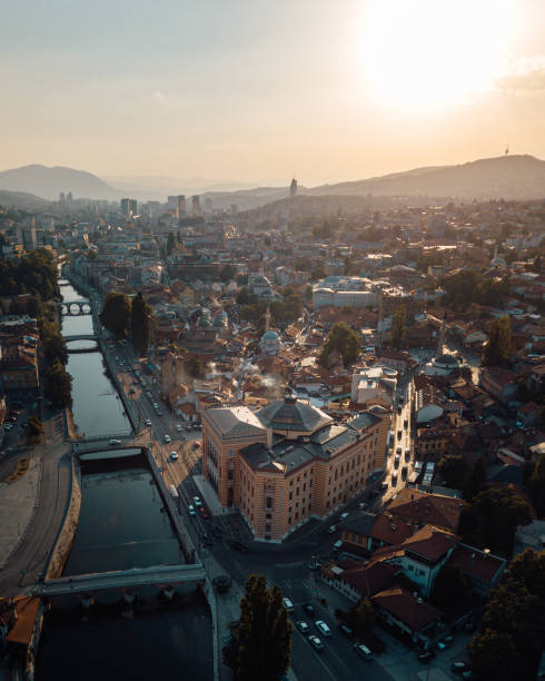 Drone view of downtown Sarajevo, city hall and river Miljacka stock photo