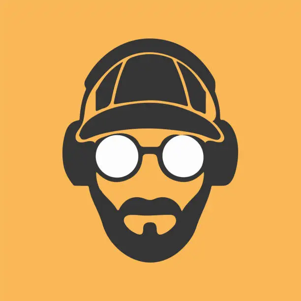 Vector illustration of hipster man face with cap on gray background