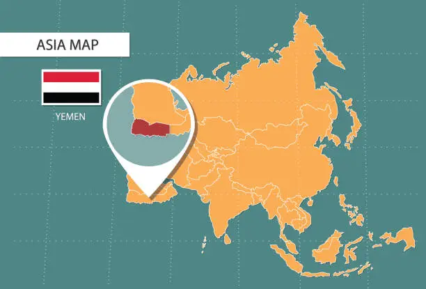 Vector illustration of Yemen map in Asia zoom version, icons showing Yemen location and flags.