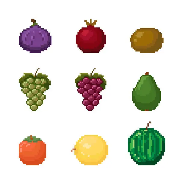 Vector illustration of Pixel art fruits and berries vector set.