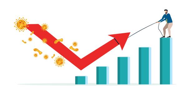 ilustrações, clipart, desenhos animados e ícones de recuperação econômica da forma v após o conceito de acidente coronavirus covid-19. empresário profissional analisa economia mundial. os negócios serão restaurados com gráfico de forma v e gráfico com patógeno de vírus. - defined