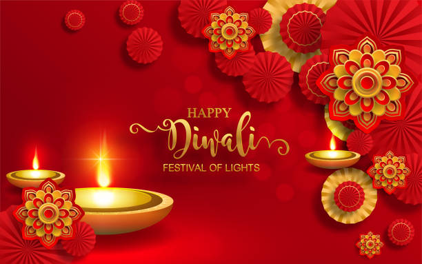 05134 Diwali, Deepavali or Dipavali the festival of lights india with gold diya on podium, patterned and crystals on paper color Background. diwali stock illustrations