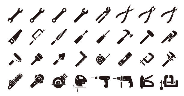 illustrations, cliparts, dessins animés et icônes de jeu d’icônes d’outil (version silhouette plate) - adjustable wrench