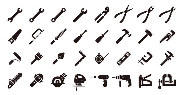 illustrazioni stock, clip art, cartoni animati e icone di tendenza di set di icone utensile (versione siluetta piatta) - drill power tool work tool carpenter