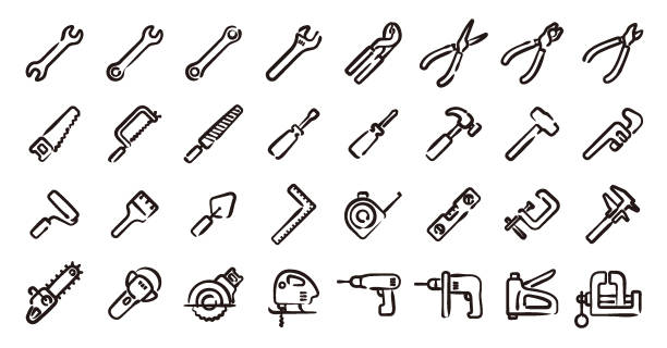 ilustrações de stock, clip art, desenhos animados e ícones de tool icon set (hand draw version) - carpentry toolbox craft product work tool
