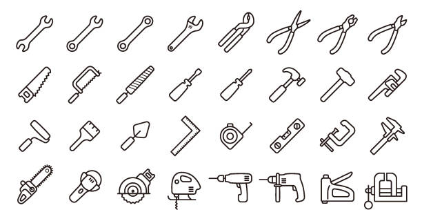 Tool Icon Set (Thin Line Version) This is a set of tool icons. This is a set of simple icons that can be used for website decoration, user interface, advertising works, and other digital illustrations. vernier calliper stock illustrations