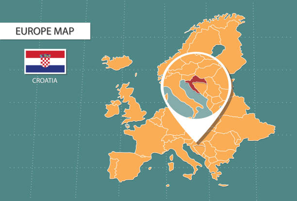 istock Croatia map in Europe, icons showing Croatia location and flags. 1345334067