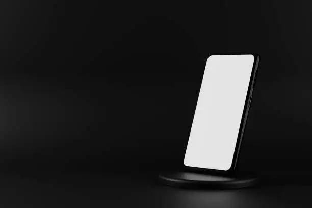 Black smartphone mockup on showcase podium on dark background. 3d mobile phone with blank white screen, simple designe. 3d illustration of modern device screen