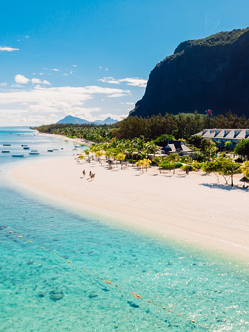 Luxury beach with Le morne mountain in Mauritius. Beach with palms and blue ocean. Aerial view