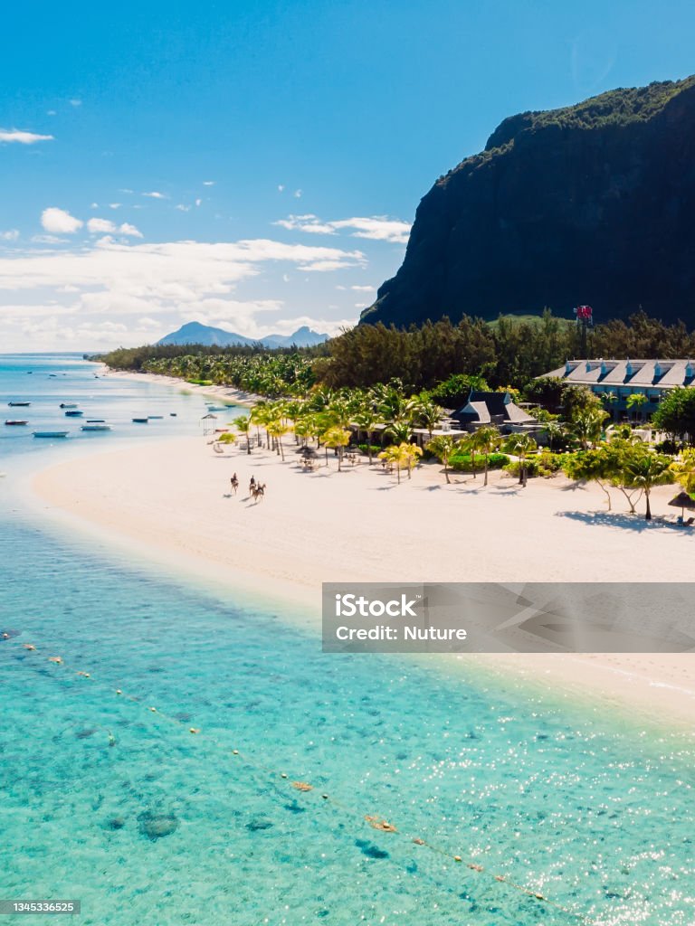 Luxury beach with Le morne mountain in Mauritius. Beach with palms and blue ocean. Aerial view Mauritius Stock Photo