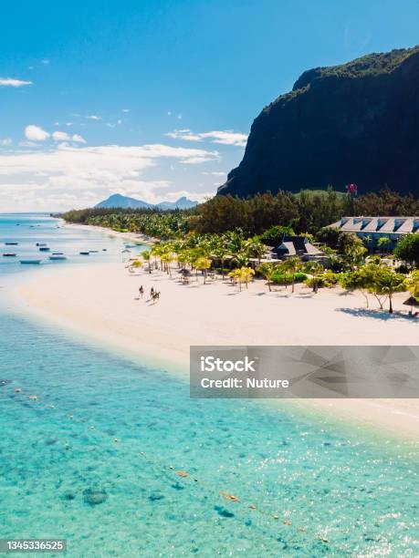 Luxury Beach With Le Morne Mountain In Mauritius Beach With Palms And Blue Ocean Aerial View Stock Photo - Download Image Now