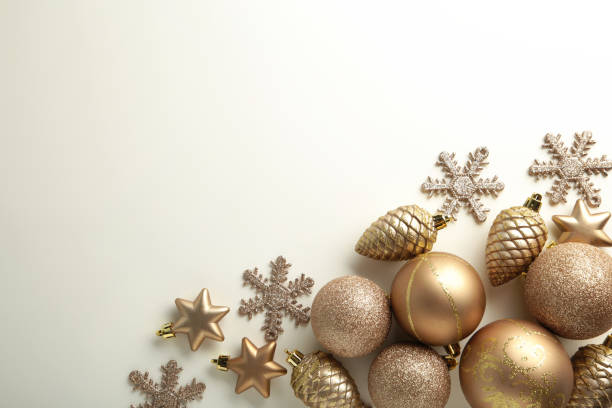 istock Gold Christmas decoration on white background, top view, flat lay 1345337715