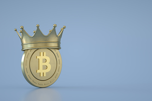 3d rendering of Bitcoin with Gold Crown.
