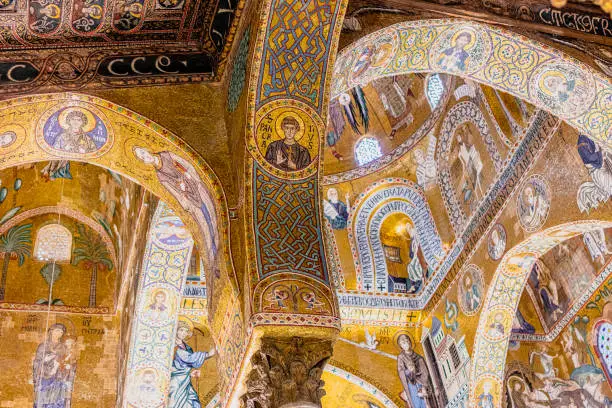 detail of the mosaic in the palatine chapel in palermo. Italy.