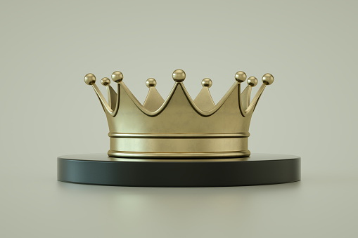 3d Rendering of Gold Crown on Podium, Gray Background, Success, Victory.