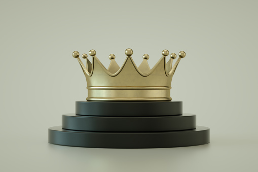 Golden royal crown for king and queen on black marble stone podium 3d render. Realistic luxury golden corona, medieval diadem for prince, princess or emperor, isolated museum exhibit. 3D illustration