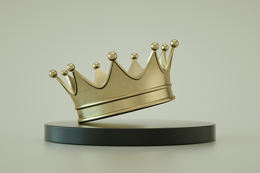 3d Rendering of Gold Crown on Podium, Gray Background, Success, Victory.