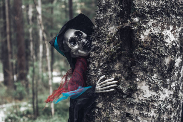 A human skeleton, a ghost in rags and a hat, peeks out from behind an old mossy tree in the forest. Selective focus. Halloween background concept. Close-up.