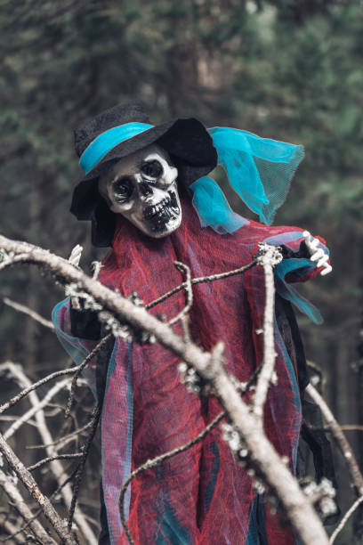 istock Human skeleton, a ghost hanging from the branches of an old mossy tree in the forest. Selective focus. Close-up. 1345344706