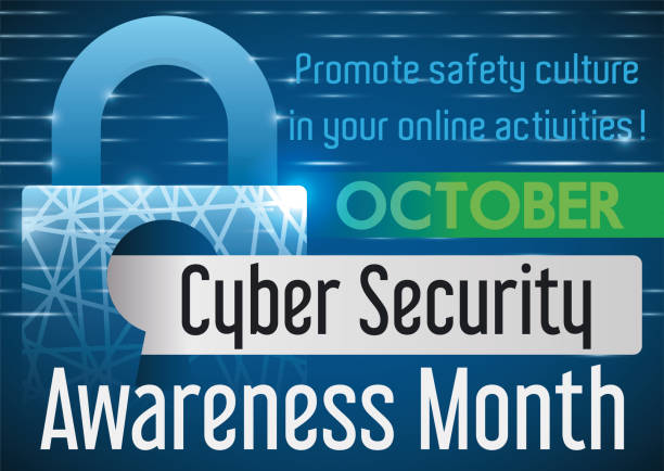 Interconnected Padlock and Label Promoting Cyber Security Awareness Month Code rain and cybernetic padlock with message in label promoting safety culture in October, during Cyber Security Awareness Month. cyber security awareness stock illustrations