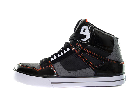 High-top black gray orange and white skateboarding sneaker on white