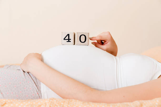 schwangere frau in weißer unterwäsche auf dem bett im hauskalender mit der 40. schwangerschaftswoche. mutterschaftskonzept. erwartung eines kommenden babys - 40 weeks stock-fotos und bilder